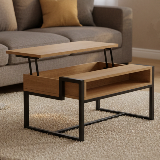 Mesa elevable con almacenaje en Roble y acero con diseño moderno