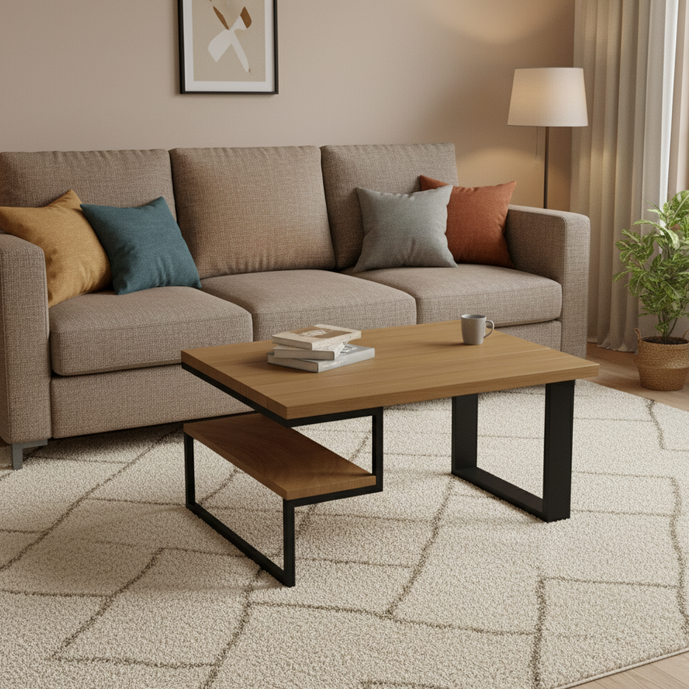Mesa centro con balda lateral en Roble y acero con diseño moderno