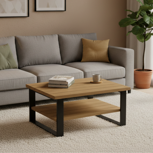 Mesa centro estilo industrial en Roble y acero con diseño elegante