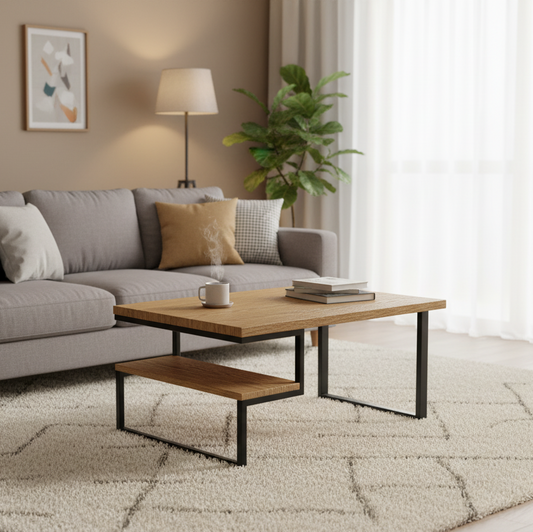 Mesa centro con balda lateral en Roble y acero con diseño moderno