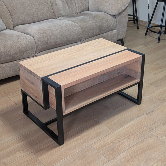 Mesa elevable con almacenaje en Roble y acero con diseño moderno