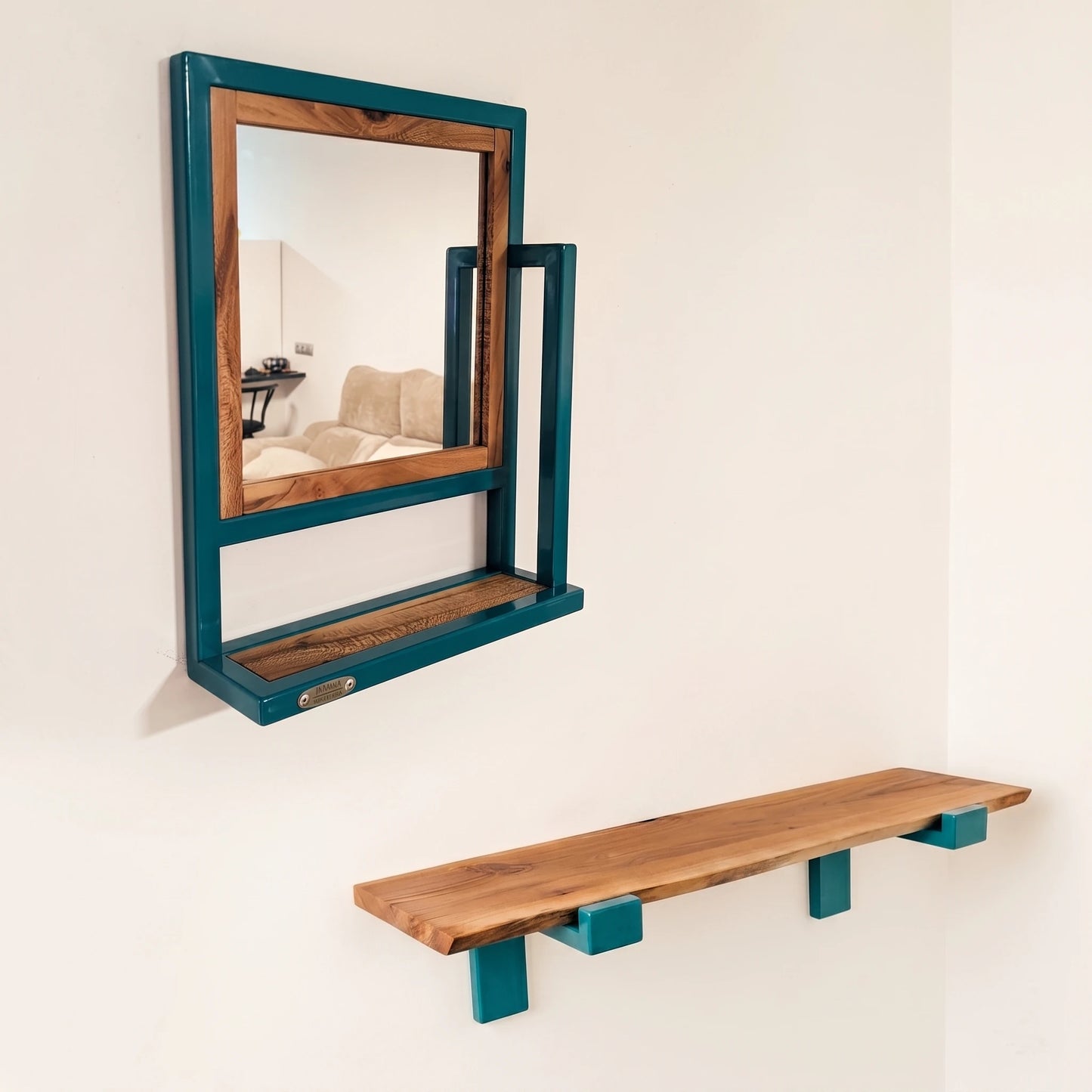 Conjunto Decorativo Espejo y Estante | Platano y Agua Marina | Pieza Única Artesanal