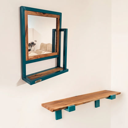 Conjunto Decorativo Espejo y Estante | Platano y Agua Marina | Pieza Única Artesanal