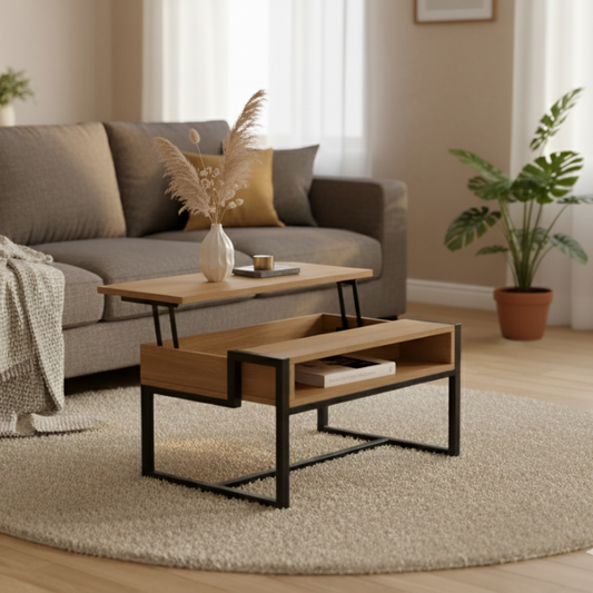 Mesa elevable con almacenaje en Roble y acero con diseño moderno