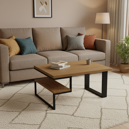 Mesa centro con balda lateral en Roble y acero con diseño moderno