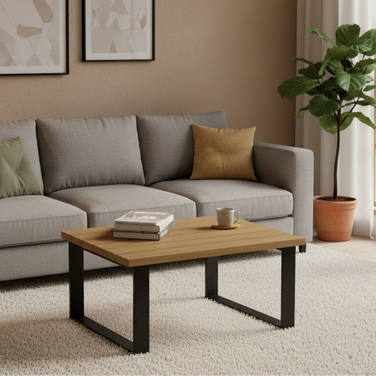 Mesa centro estilo industrial en Roble y acero con diseño elegante