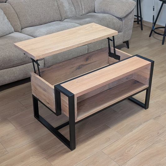 Mesa elevable con almacenaje en Roble y acero con diseño moderno