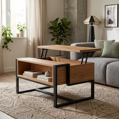 Mesa elevable con almacenaje en Roble y acero con diseño moderno