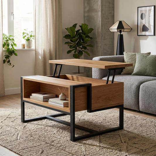 Mesa elevable con almacenaje en Roble y acero con diseño moderno